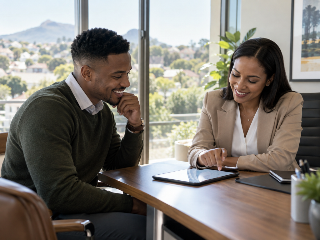 First-time home buyer meeting a bond consultant to compare home loan rates in South Africa