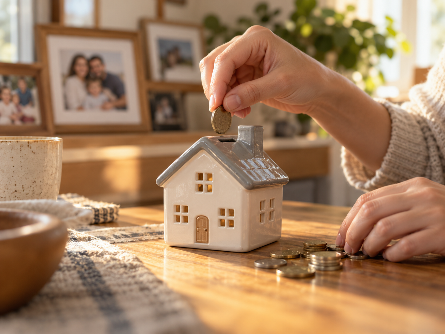 Hands adding coins to a house-shaped money box, symbolising extra bond payments