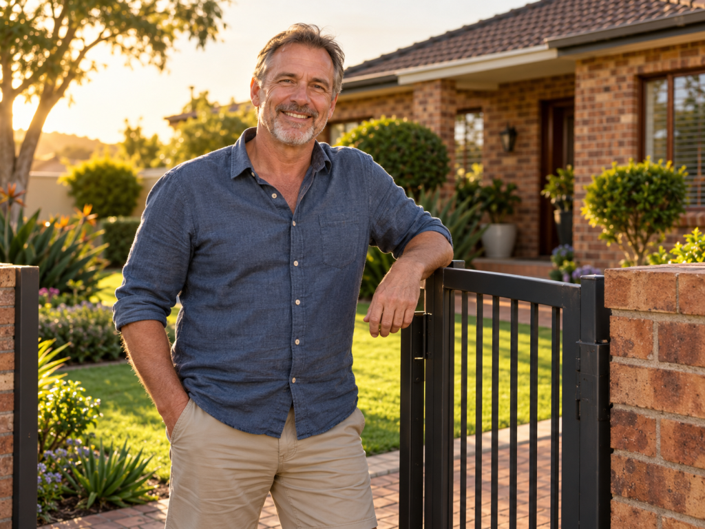 Homeowner standing proudly at the gate of his South African home