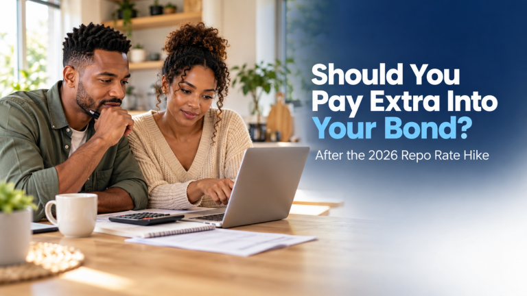 Couple reviewing their home loan budget on a laptop with the title Should You Pay Extra Into Your Bond?